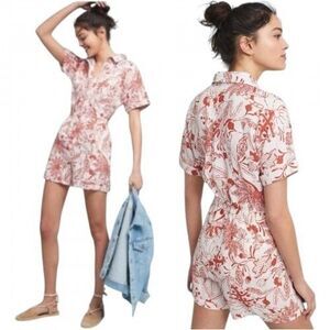 Anthropologie Linen Utility Romper Size Medium Floral Orange White EUC